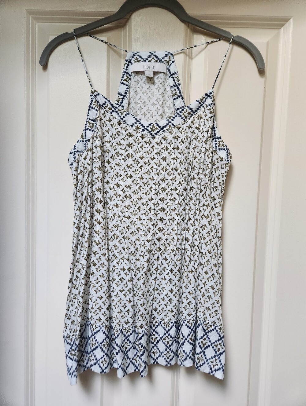 LOFT White Floral-Print Spaghetti-Strap Camisole with Navy Trim
